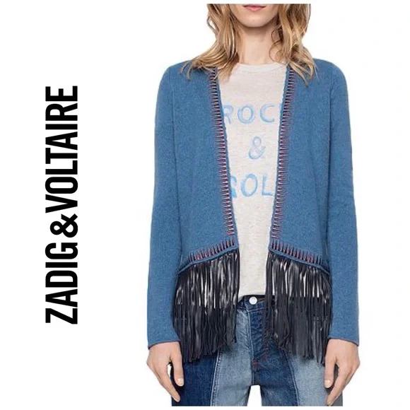 Zadig & Voltaire Marla Cashmere/ Leather Fringe Cardigan Boho Rock - Picture 2 of 15